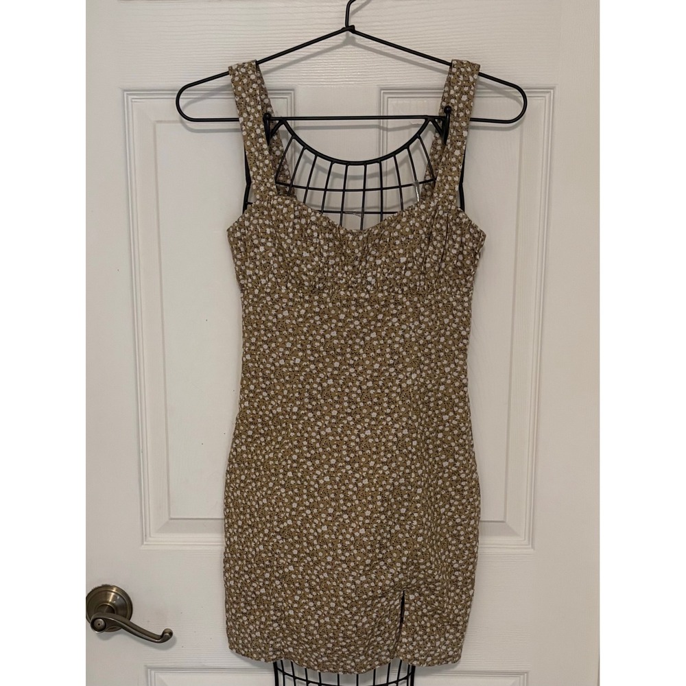 Polly Floral Mini Dress Sz 2 Brown Ditsy Bodycon Cottagecore Fitted EUC